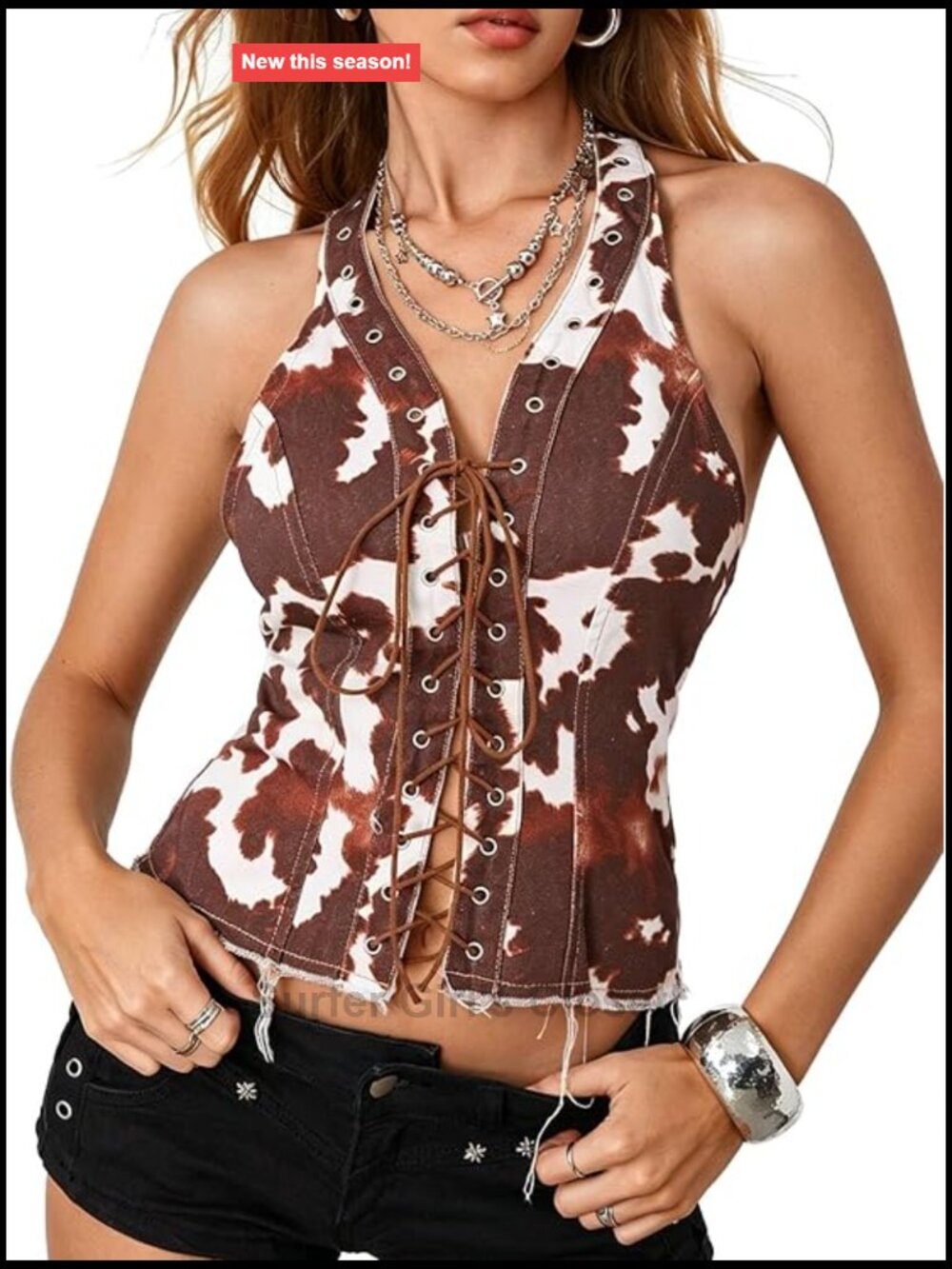 Vintage Denim Cow Print Halter Zip Back Top